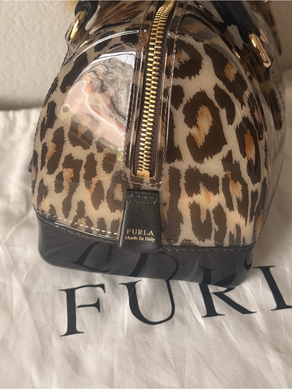 Furla Leopard-Print Dome Satchel with Black Trim and Pom-Authentic!! - Picture 7 of 11